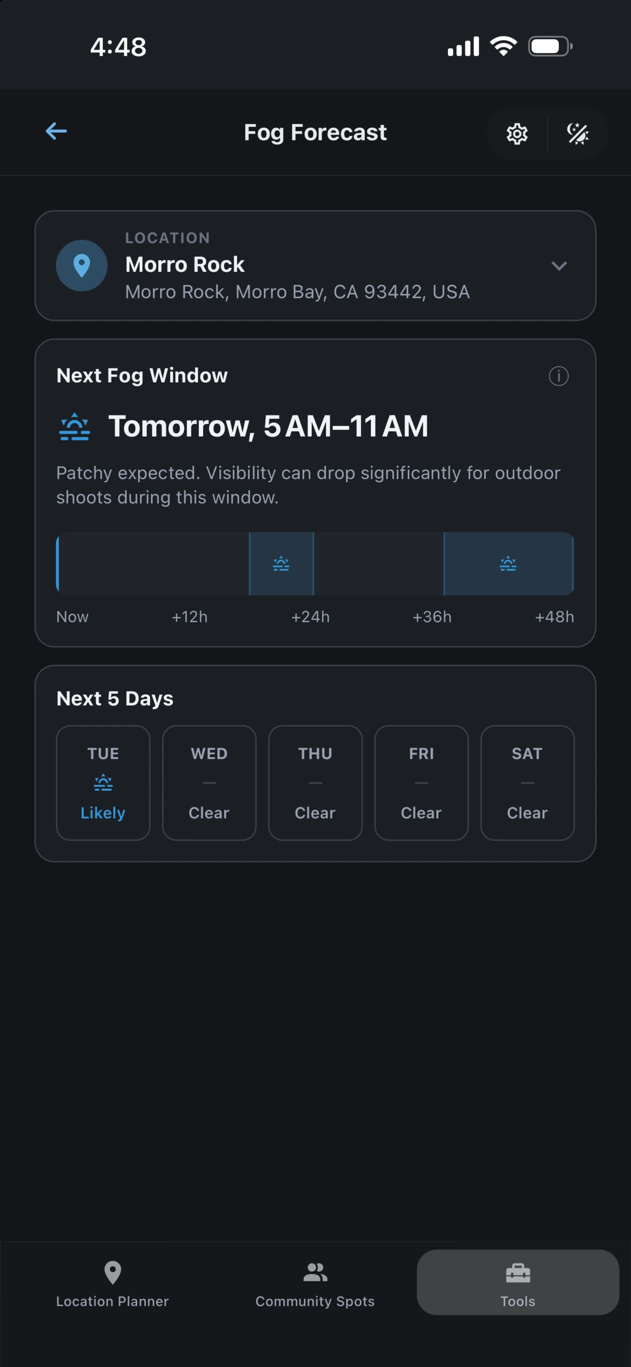 Fog Forecast screen in Shutter Speed