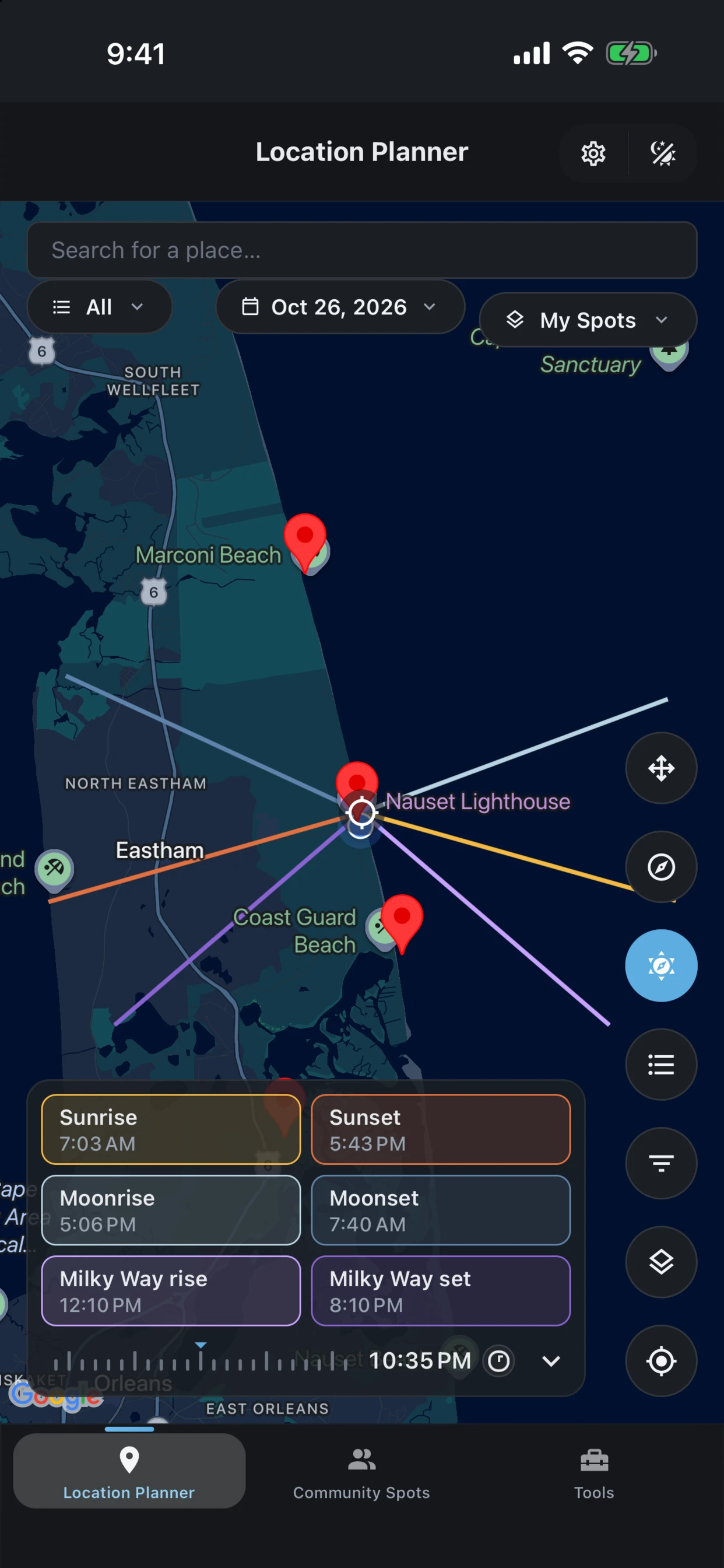 Location Planner screen in Shutter Speed