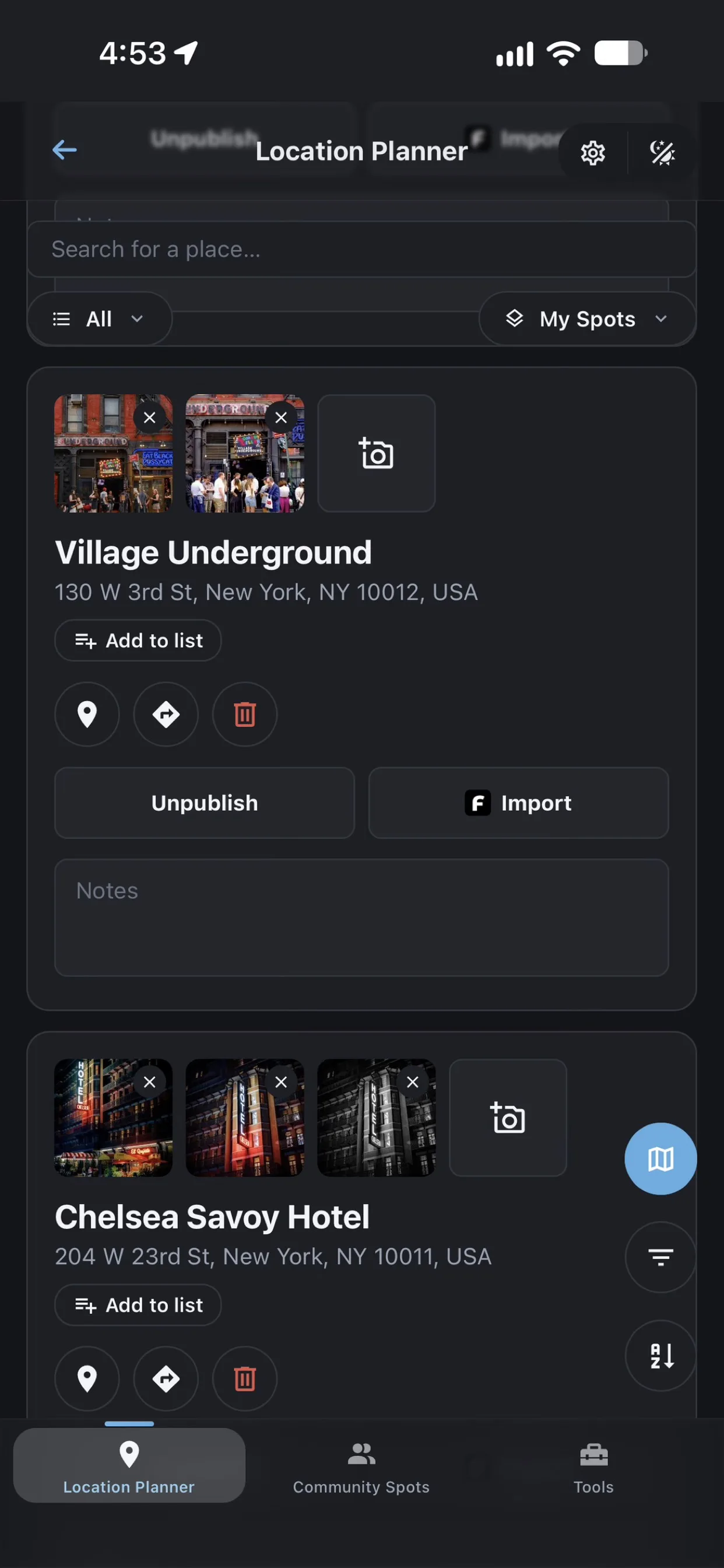Location Planner screen in Shutter Speed