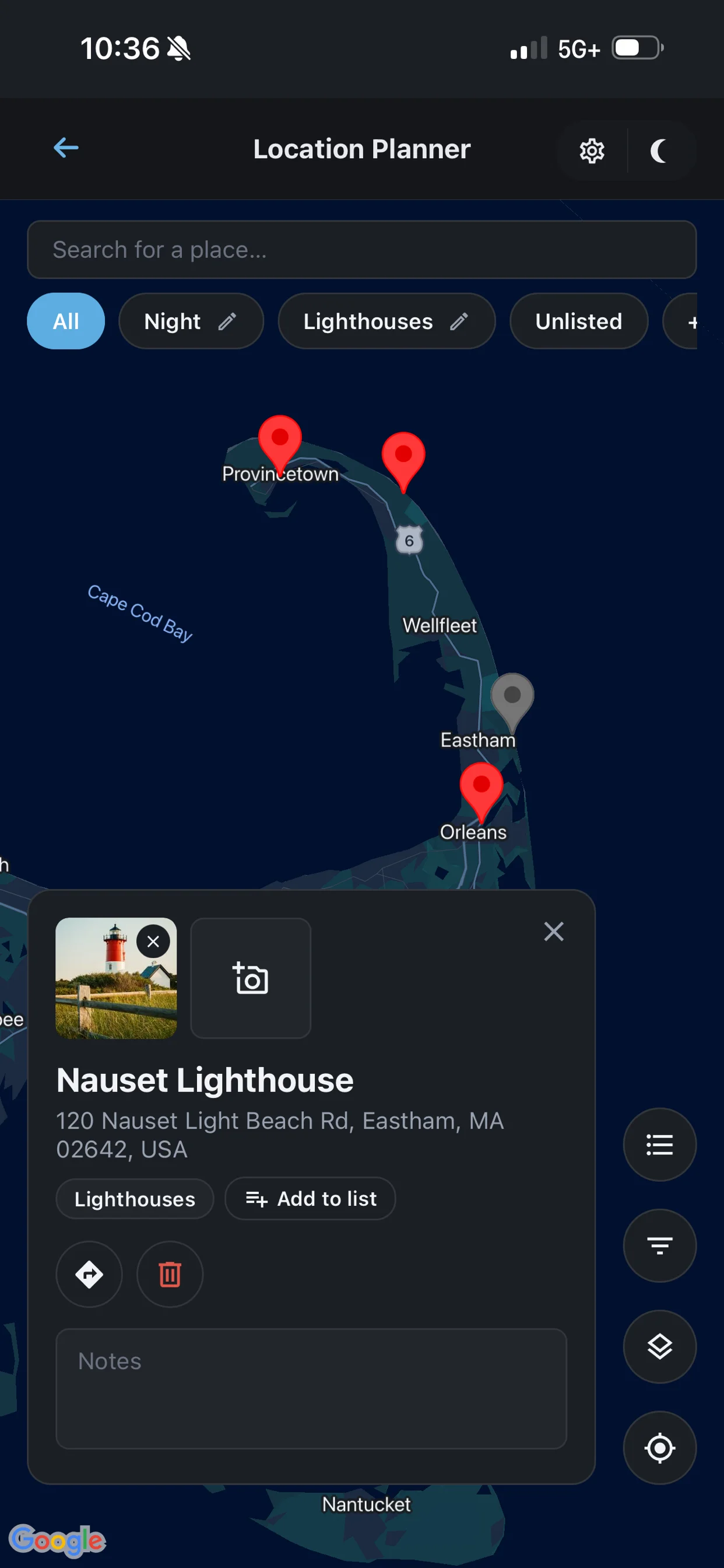 Location Planner screen in Shutter Speed