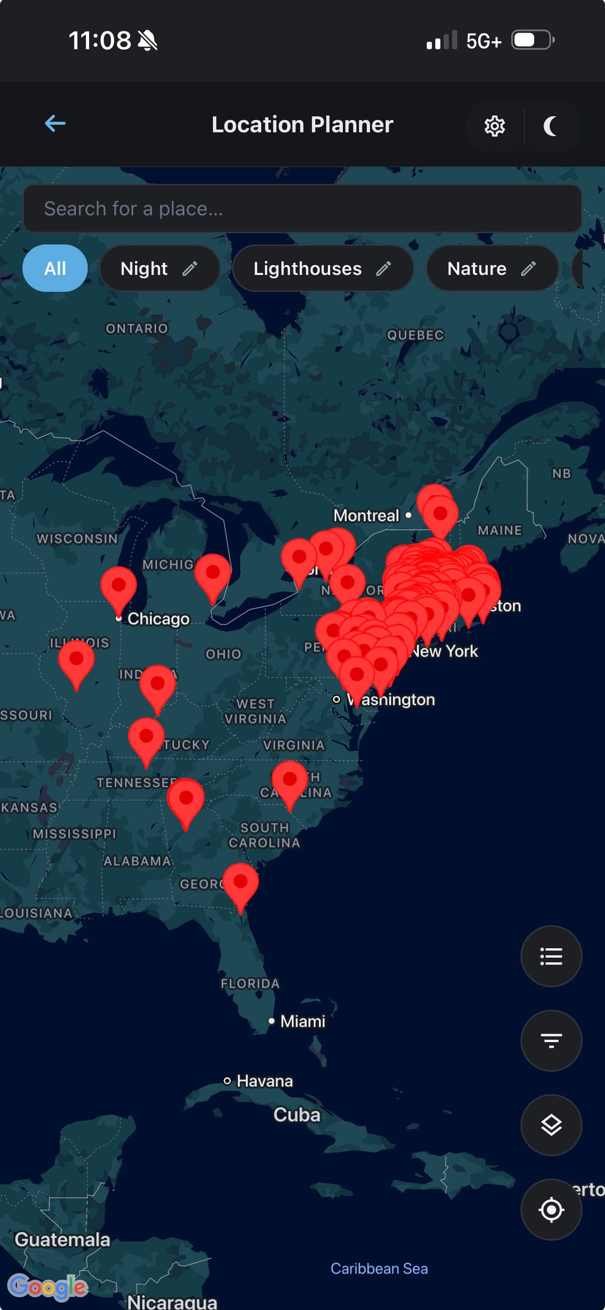 Location Planner screen in Shutter Speed