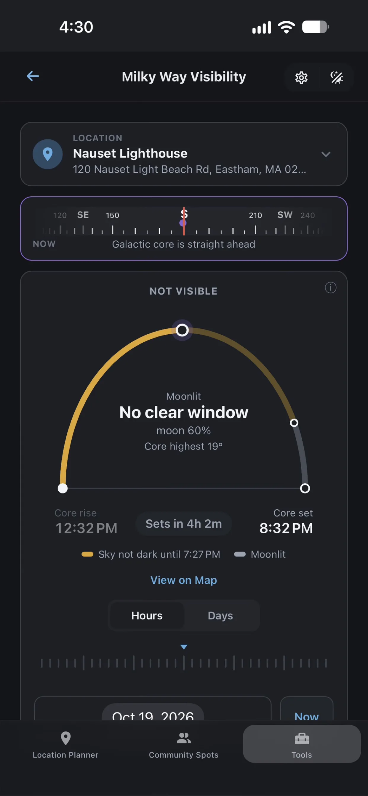 Milky Way Visibility screen in Shutter Speed