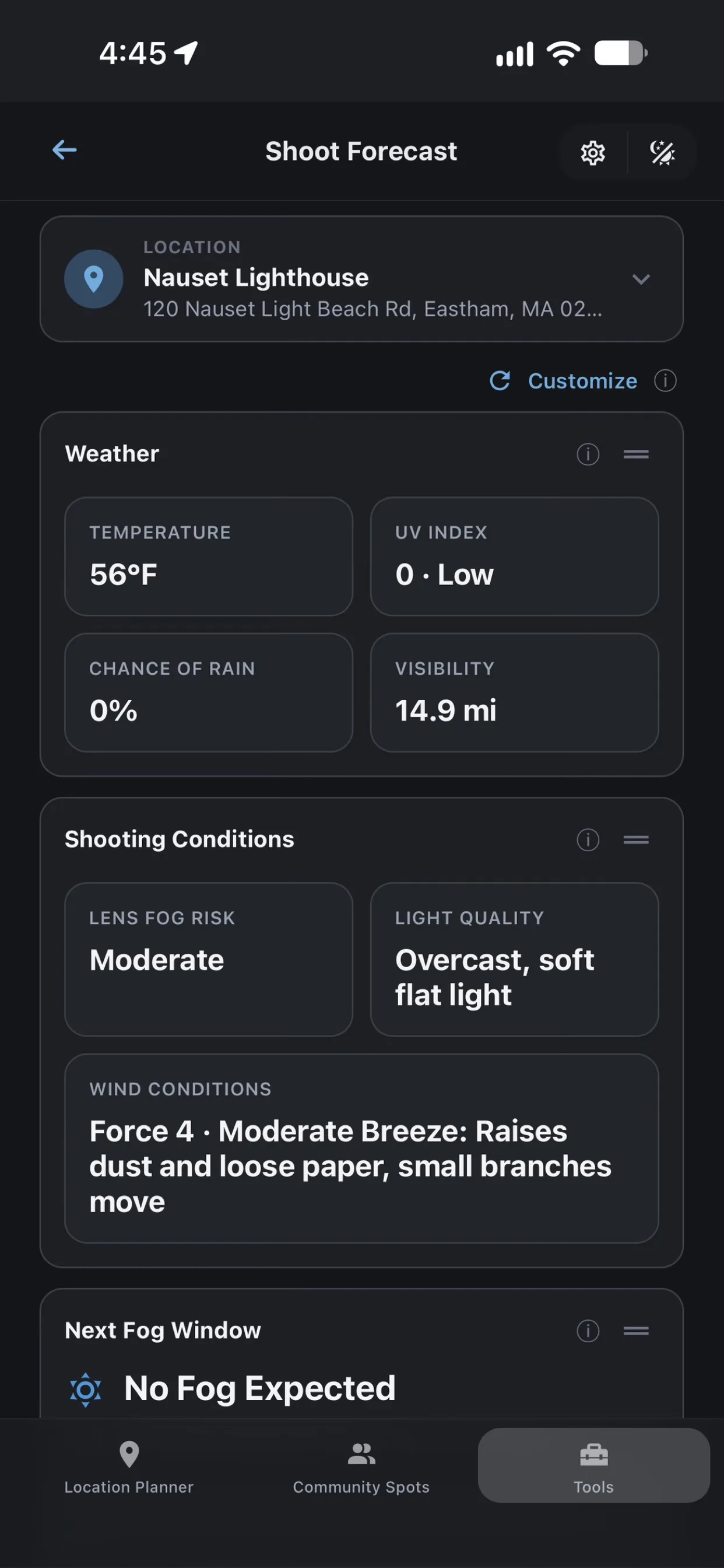 Shoot Forecast screen in Shutter Speed