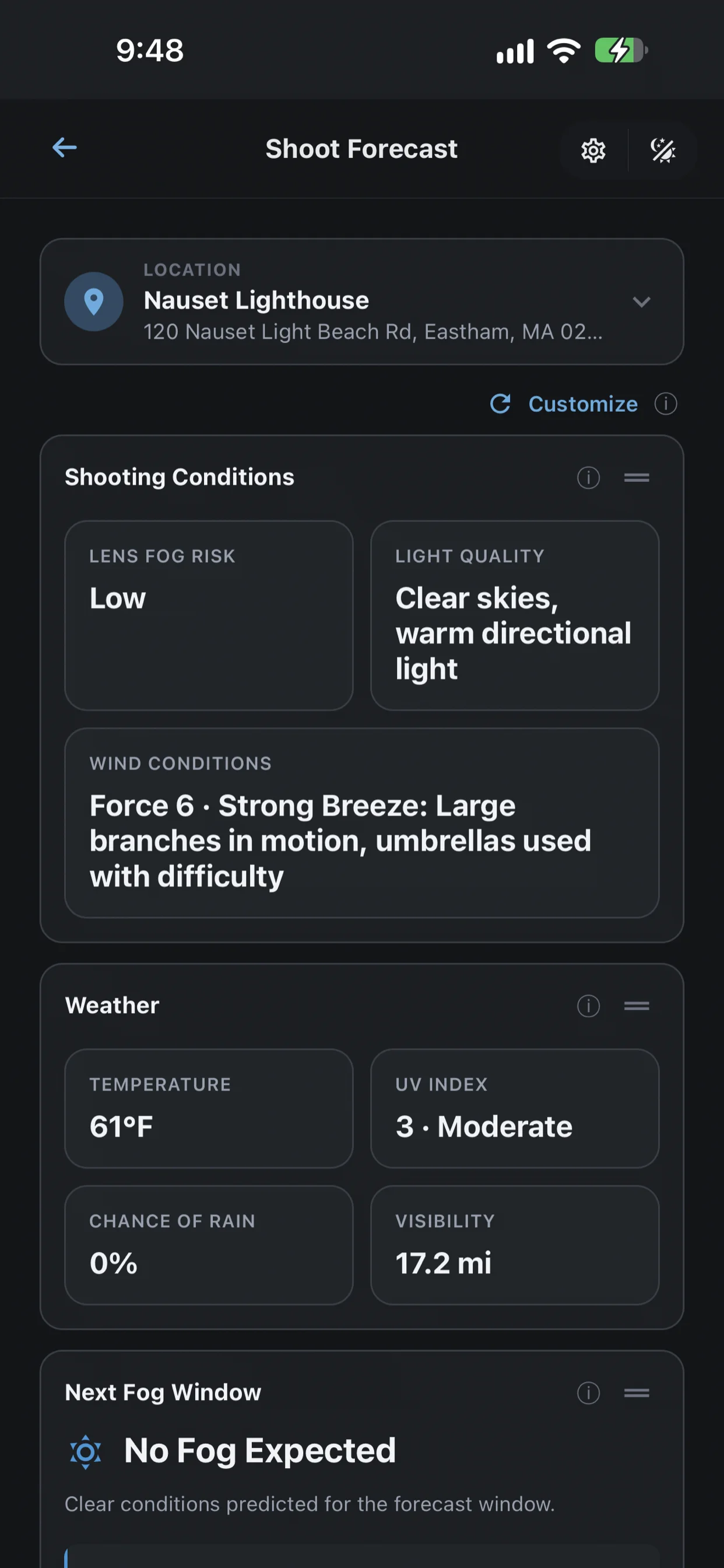 Shoot Forecast screen in Shutter Speed